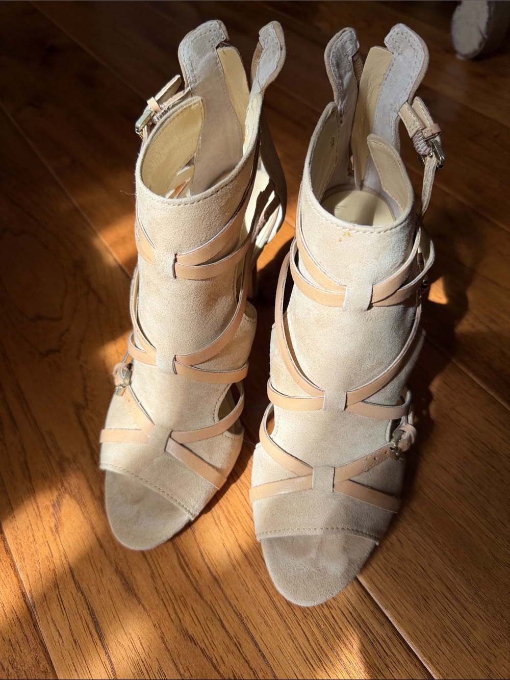 Women’s Suede Strappy High-Heel Sandals in Beige